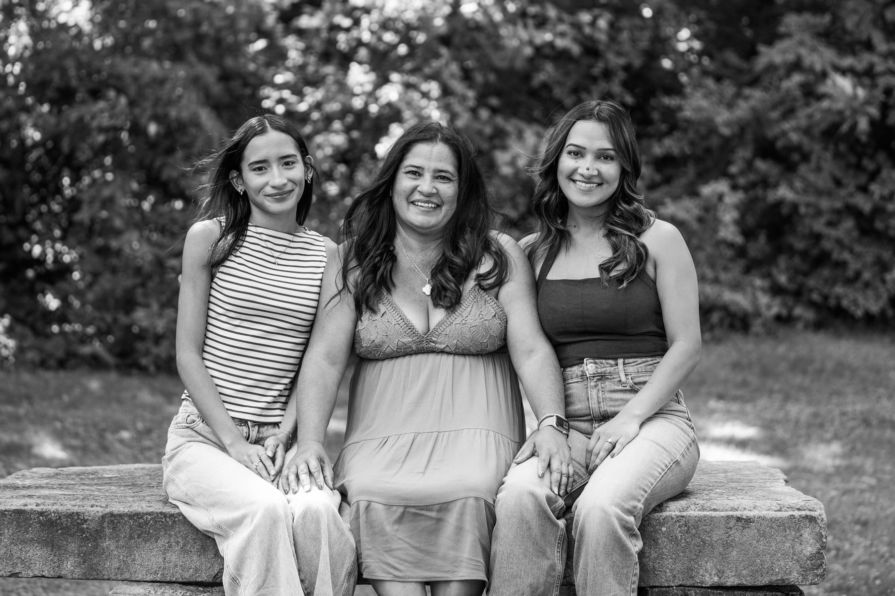 Black and white family portrait of a mother and her two daughters in Western Massachusetts