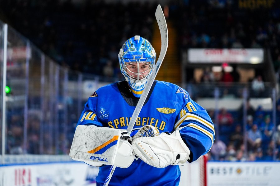 Portrait of an AHL goaltender in full gear at the MassMutual Center in Springfield, MA
