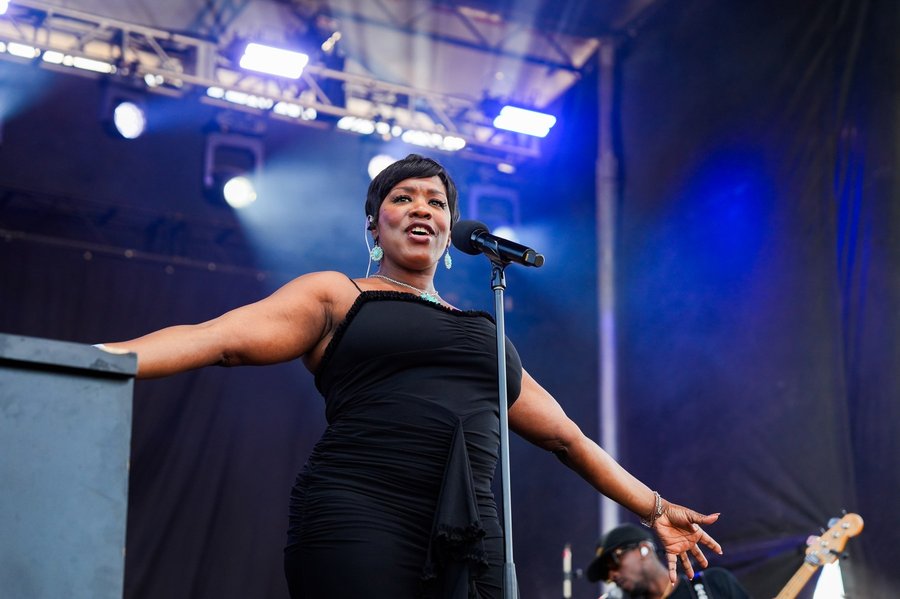 Tanya Trotter of The War and Treaty singing at the Green River Festival